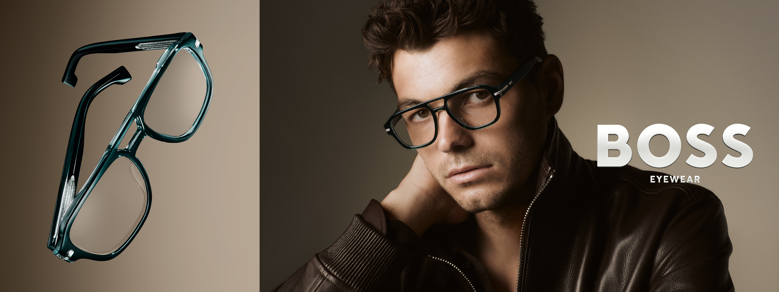 Boss: Links ist eine Brille und rechts ist ein Mann mit Brille